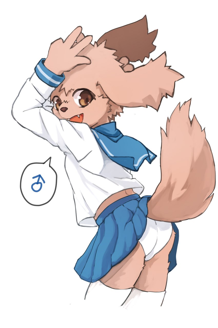 anthro asian_clothing blue_bottomwear blue_clothing blue_skirt bottomwear brown_body brown_eyes brown_fur bulge butt clothed clothing crop_top crossdressing cute_fangs east_asian_clothing fangs femboy footwear fur gender_symbol gesture glistening glistening_eyes hand_gesture japanese_clothing japanese_school_uniform kemono legwear looking_at_viewer looking_back male male_symbol midriff open_mouth panties presenting raised_tail school_uniform serafuku shirt skirt socks solo standing student symbol tail tail_under_skirt tail_upskirt teeth topwear underwear uniform upskirt v_sign white_clothing white_panties white_underwear young naegi canid canine canis domestic_dog mammal 2019 absurd_res digital_media_(artwork) digital_painting_(artwork) hi_res