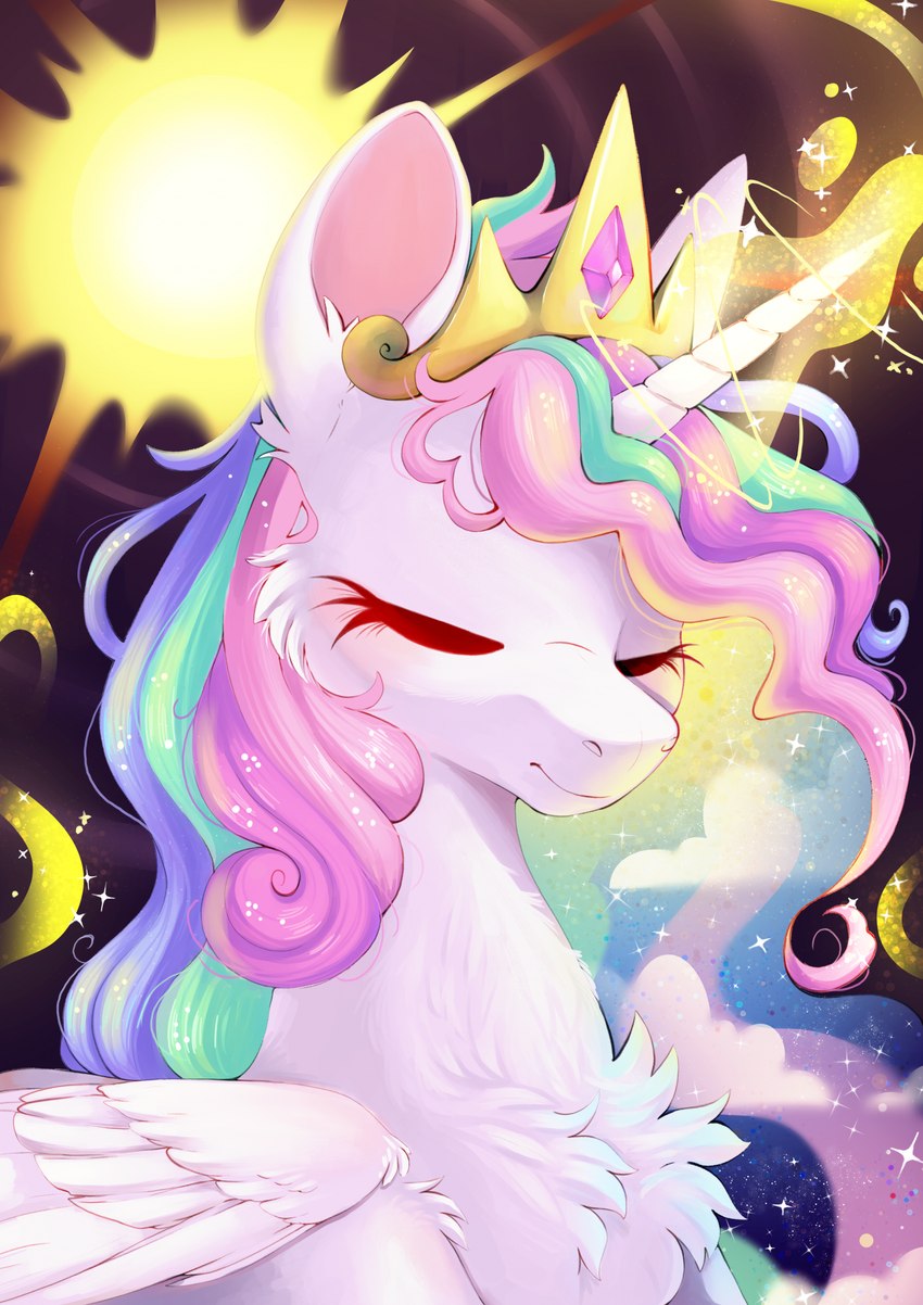 cosmic_hair cosmic_mane crown ethereal_hair eyelashes eyes_closed feathered_wings feathers female female_feral feral fluffy fur glowing glowing_horn hair headgear horn mane multicolored_hair rainbow_hair solo sparkles sparkling_hair sparkling_mane sun white_body white_fur wings cutepencilcase friendship_is_magic hasbro my_little_pony mythology princess_celestia_(mlp) equid equine mammal mythological_creature mythological_equine winged_unicorn 2024 half-length_portrait hi_res portrait shaded