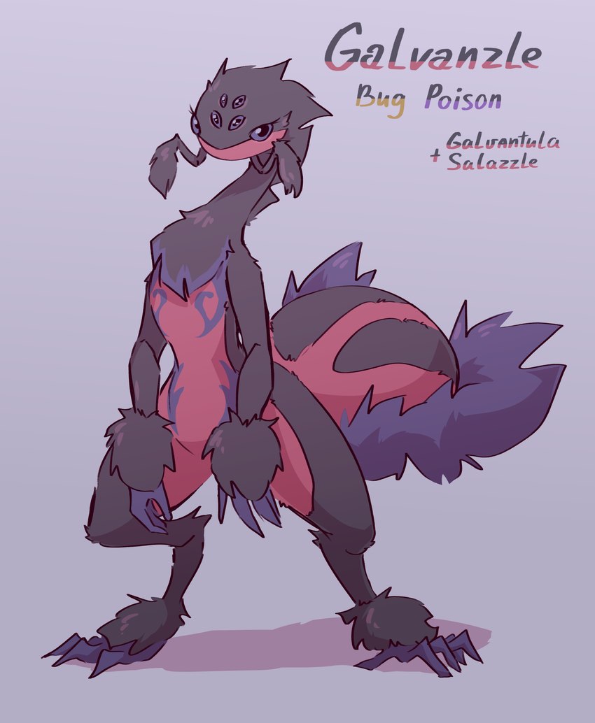 5_fingers anthro arm_tuft arthropod_abdomen belly black_body chelicerae eyelashes featureless_crotch feet female fingers fur fusion looking_at_viewer multi_eye multicolored_body pokemon_fusion pupils purple_body purple_fur purple_sclera red_body red_fur shadow solo standing text toes tuft wrist_tuft nomrico nintendo pokemon fan_character vesta_(nomrico) arachnid arthropod galvantula generation_5_pokemon generation_7_pokemon hybrid lizard pokemon_(species) reptile salazzle scalie spider 2023 artist_name digital_media_(artwork) hi_res