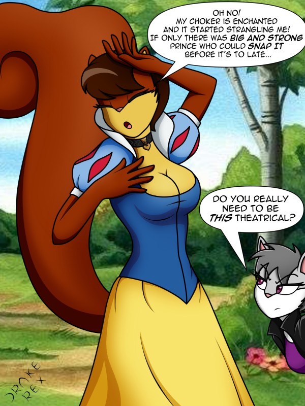 anthro breasts choker clothed clothing cosplay duo female jewelry necklace text drake-rex disney snow_white_and_the_seven_dwarfs until_it_snaps amber_dagenheart silvia_dandelion snow_white domestic_cat felid feline felis mammal rodent sciurid 3:4 english_text hi_res meme