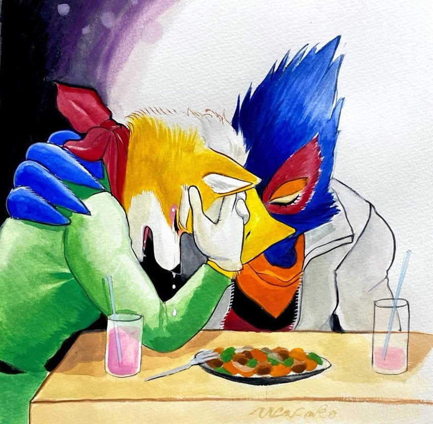 anthro beak beverage blue_body bodily_fluids clothed clothing comforting crying duo eyes_closed food hand_on_back male male/male orange_body scarf tears ulala_ko nintendo star_fox falco_lombardi fox_mccloud avian bird canid canine canis fox mammal hi_res