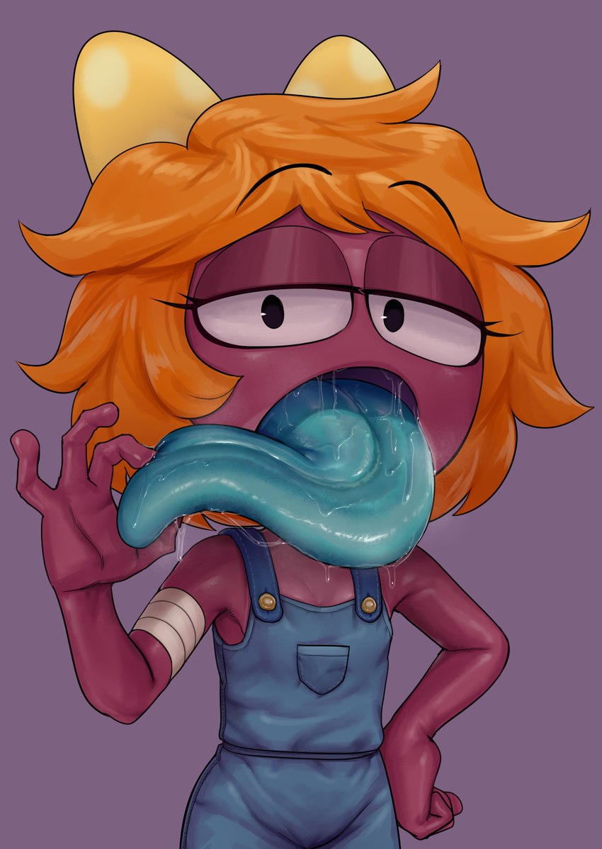 accessory anthro big_tongue blue_tongue bodily_fluids bow_ribbon breasts cleavage clothed clothing dripping drooling female hair hair_accessory hair_bow hair_ribbon holding_tongue long_tongue looking_at_viewer orange_hair overalls red_hair ribbons saliva saliva_drip saliva_on_tongue short_hair small_breasts solo tongue tongue_focus tongue_out young young_anthro young_female keramagath amphibia_(series) disney polly_plantar amphibian frog 2025 hi_res
