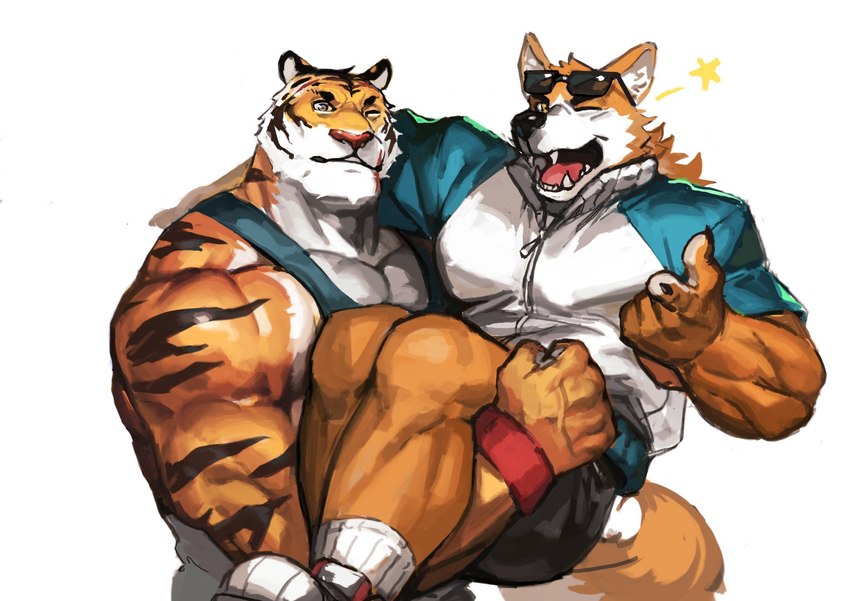 anthro carrying_another carrying_partner duo eyewear eyewear_on_head male male/male muscular muscular_anthro muscular_male pecs striped_body stripes sunglasses sunglasses_on_head traver009 coach_ho canid canine canis domestic_dog felid mammal pantherine tiger hi_res