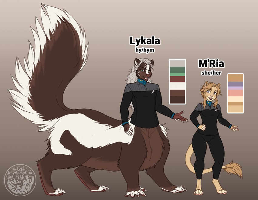 anthro barefoot black_body black_fur bottomless breasts clothed clothing digitigrade duo feet female fluffy fluffy_tail fur green_eyes grey_hair hair male purple_eyes starfleet_uniform tail tail_tuft tuft thecatnamedfish chakona_space star_trek lykala_(thecatnamedfish) m'ria_(thecatnamedfish) caitian felid mammal mammal_taur mephitid mephitid_taur skunk skunk_taur taur 2024 digital_media_(artwork) hi_res model_sheet