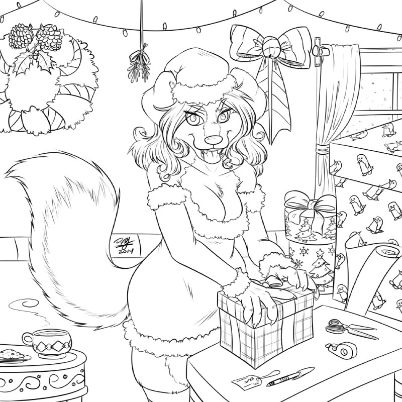 anthro big_breasts breasts christmas_clothing christmas_headwear cleavage clothed clothing decoration female gift hair hat headgear headwear holidays holly_(plant) kissing_bough legwear mistletoe plant santa_hat solo wreath baikobits christmas shenjii_(baikobits) canid canine canis domestic_dog mammal 1:1 2014 monochrome