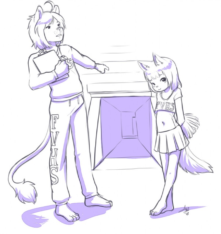 age_difference anthro bottomwear cheerleader clothed clothing duo female fully_clothed gesture hand_gesture larger_male male midriff navel older_male pointing simple_background size_difference skirt smaller_female standing white_background young young_anthro younger_female aogami sarah_(nb) twilight_(stitchy626) domestic_cat felid feline felis lion mammal pantherine 2018 signature