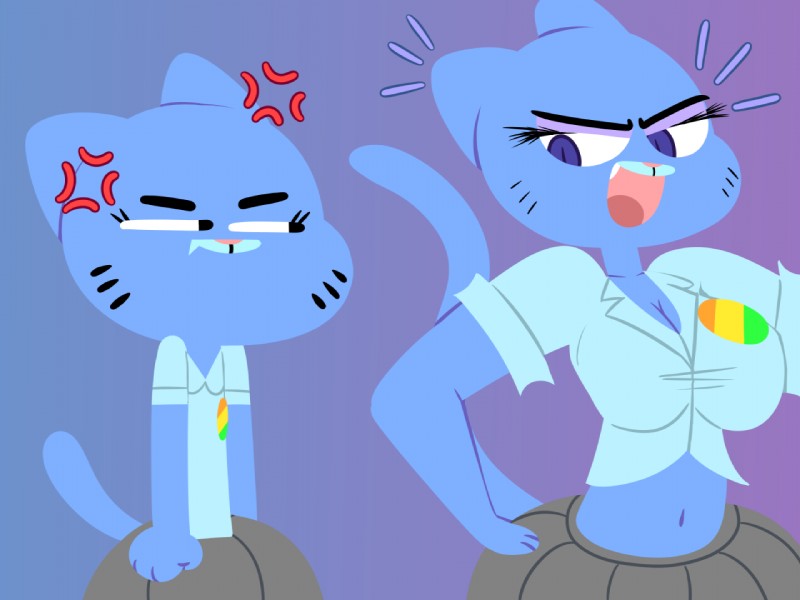 angry anthro big_breasts blue_body blue_fur breasts cleavage clothed clothing duo female flat_chested fur makeup mature_anthro mature_female midriff navel size_difference tight_clothing wide_hips flutteringpie cartoon_network the_amazing_world_of_gumball nicole_watterson domestic_cat felid feline felis mammal 4:3