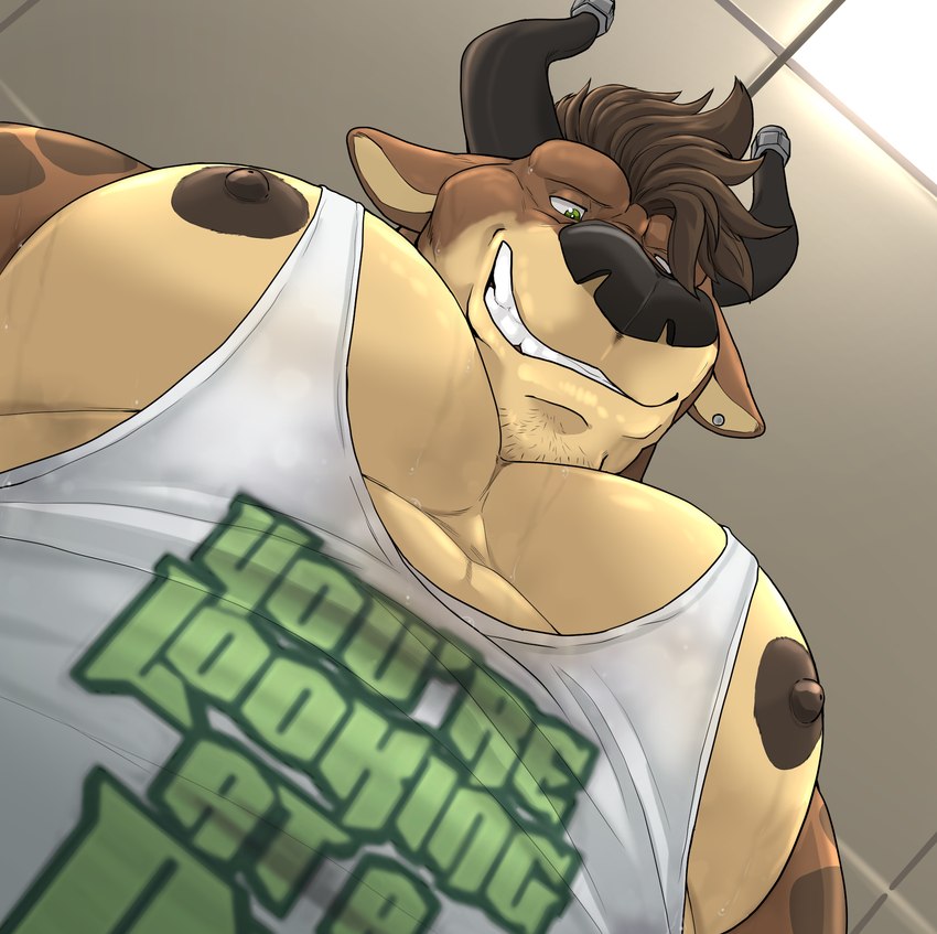 2_horns anthro horn looking_down low-angle_view male muscular muscular_anthro muscular_male nipples pecs solo worm's-eye_view taighet_28 extracurricular_activities pec_pov_meme chester_(extracurricular_activities) bovid bovine cattle mammal 2024 hi_res meme