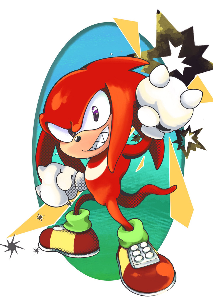 anthro clothing fist fur gloves grin handwear male purple_eyes red_body red_fur simple_background smile solo standing white_background white_clothing white_gloves white_handwear mennnntaiko sega sonic_the_hedgehog_(series) knuckles_the_echidna echidna mammal monotreme 2020 hi_res