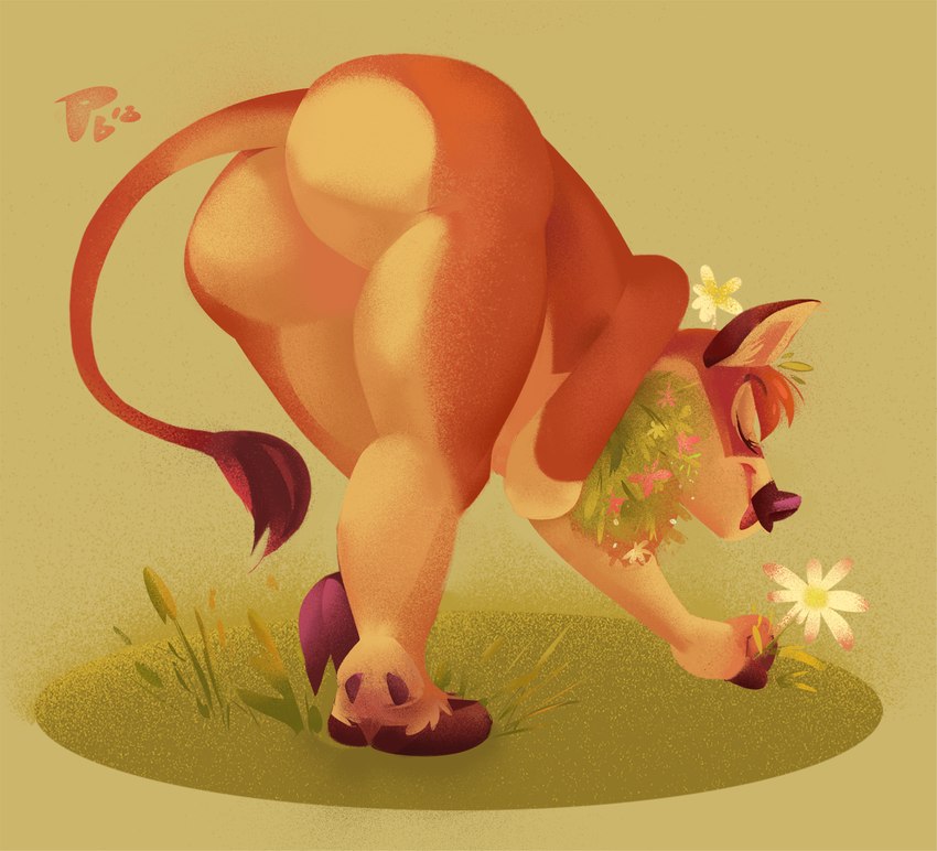 anthro bent_over big_butt brown_body butt eyes_closed female flower grass hooves nude plant smile solo pegibruno jacqueline_(nicnak044) bovid bovine cattle jersey_cattle mammal 2018 digital_media_(artwork) hi_res