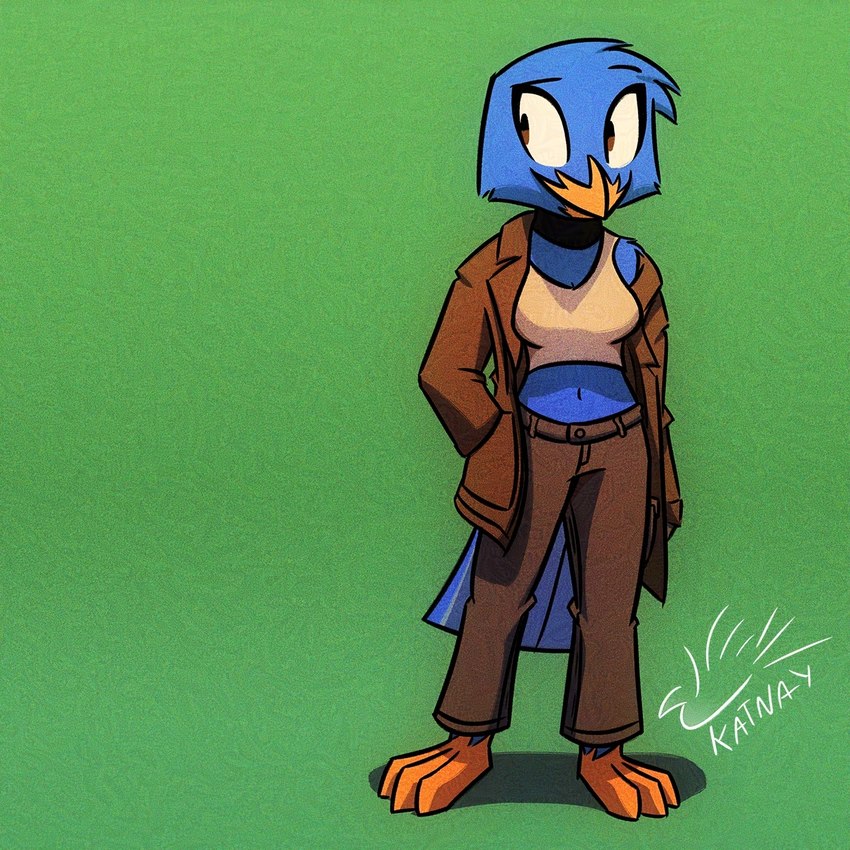 anthro barefoot beak big_breasts blue_body blue_feathers bottomwear breasts brown_eyes choker cleavage clothed clothing crop_top feathers feet female gradient_background hand_in_pocket head_tuft jacket jewelry midriff navel necklace pants pockets shirt simple_background smile solo standing tail tail_feathers talons toes topwear tuft katnay worn_down_children zara_(katnay) avian bird finch oscine passerine 1:1 2023 hi_res