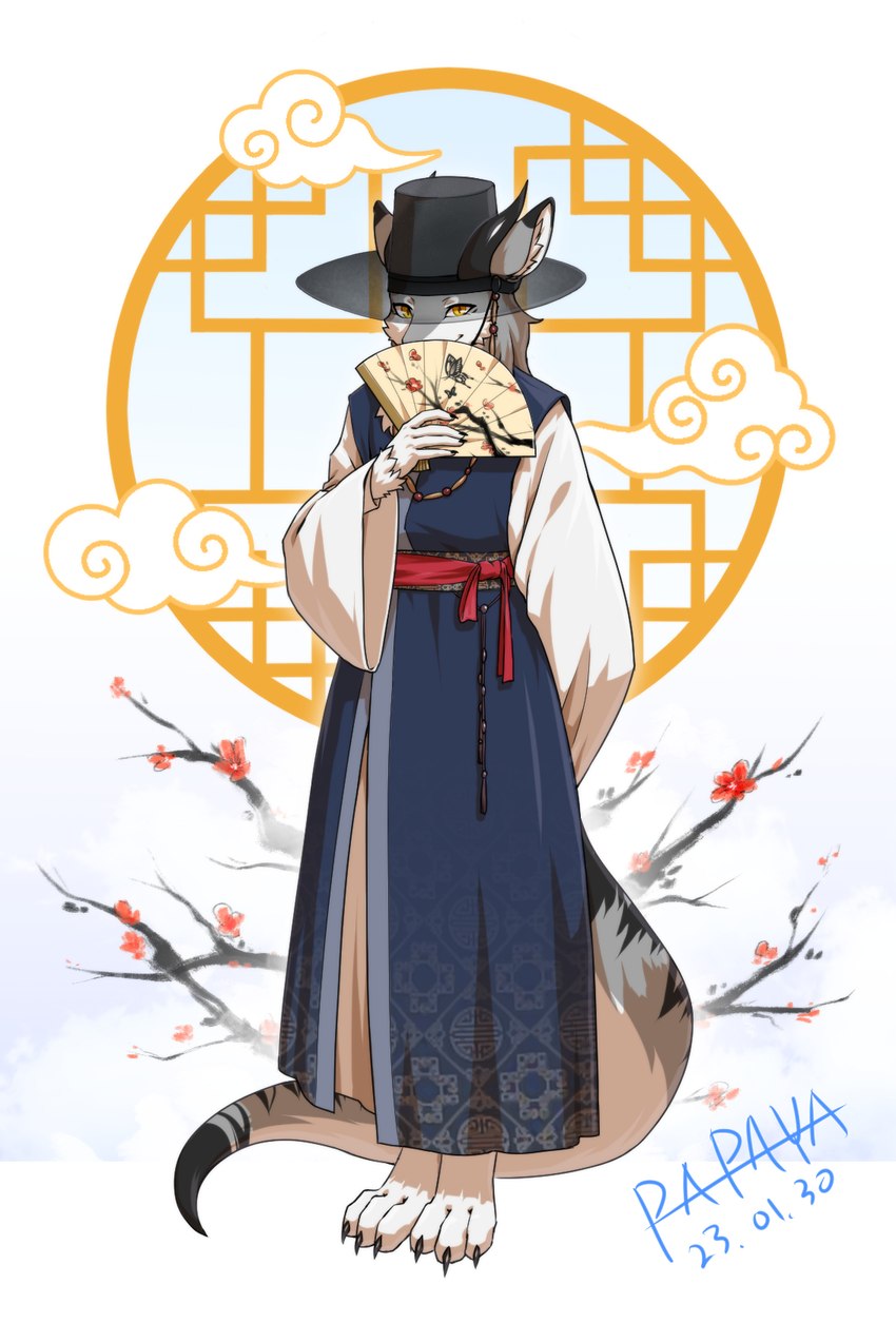 abstract_background ambiguous_gender anthro asian_clothing black_horn blue_clothing brown_body brown_fur cheek_tuft clothed clothing east_asian_clothing facial_tuft front_view fur gat_(hat) glistening glistening_eyes grey_body grey_fur hanbok holding_fan horn inner_ear_fluff korean_clothing orange_eyes pupils slit_pupils solo standing tuft white_body white_fur white_inner_ear_fluff papayafurry 2023 dated full-length_portrait hi_res portrait signature