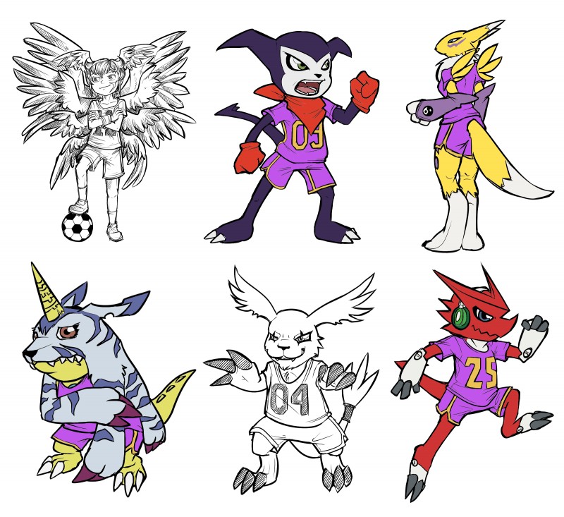 ball bottomwear clothing female male shorts soccer soccer_ball solo sport uniform mabaya bandai_namco digimon digimon_(species) gabumon gazimon impmon lucemon renamon shoutmon digital_media_(artwork) hi_res multiple_images