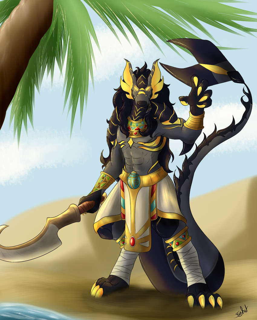 anthro biped black_body black_fur black_hair claws clothed clothing decorative_scarab desert dragon_scale_armor egyptian egyptian_clothing egyptian_soldier fur grey_body hair horn looking_at_viewer male melee_weapon membrane_(anatomy) muscular muscular_anthro muscular_male oasis outside plant simple_background sky solo sword tail tree weapon yellow_body yellow_eyes sa-chat mythology nefer dragon mythological_creature mythological_scalie scalie 2020 digital_media_(artwork) hi_res