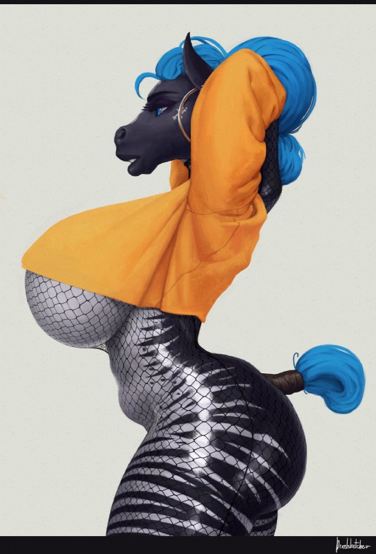 anthro big_breasts big_butt blue_eyes blue_hair breast_implants breasts butt clothing ear_piercing ear_ring female fishnet_clothing glistening glistening_body hair hoop_ear_ring huge_breasts piercing ring_piercing solo thick_thighs under_boob pixelsketcher lua_(pixelsketcher) equid equine horse hybrid mammal zebra zebroid zorse digital_media_(artwork) digital_painting_(artwork) hi_res letterbox painting_(artwork)