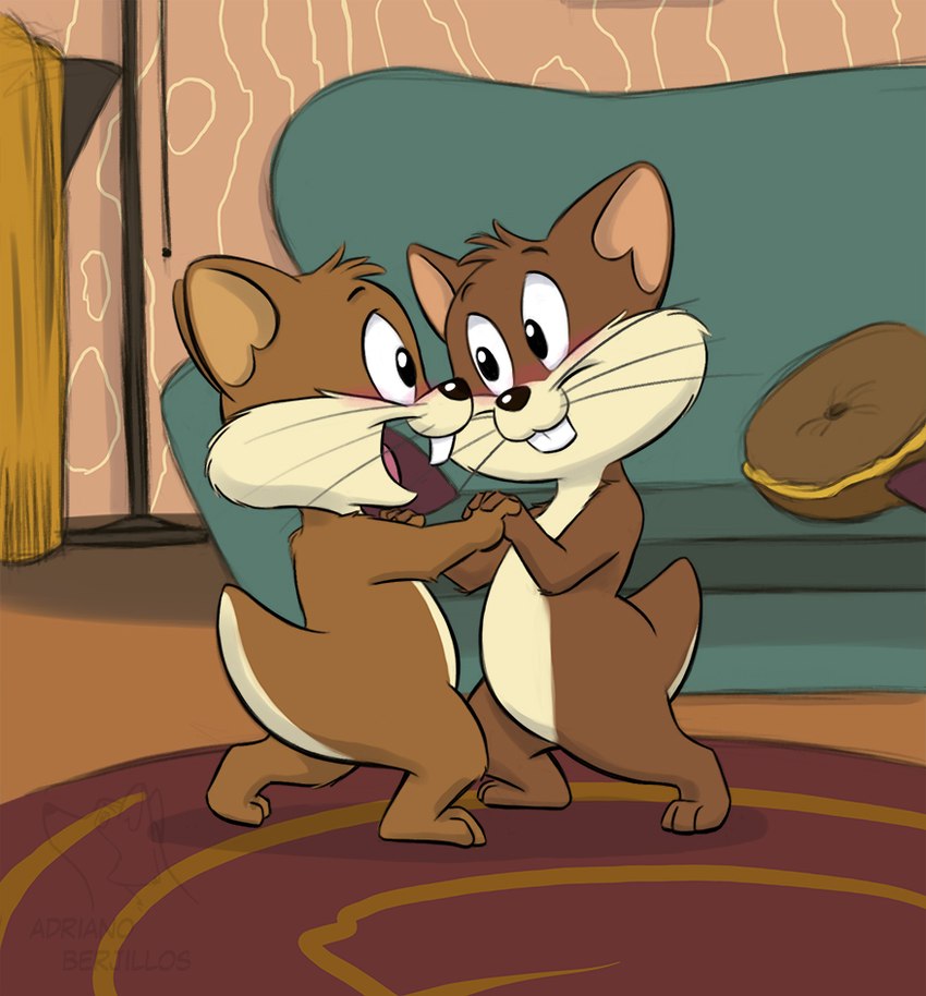 3_toes 4_fingers brown_body brown_fur buckteeth cheek_tuft dancing duo facial_tuft feet feral fingers fur love male male/male romantic romantic_couple smile teeth toes tuft whiskers adriano_berjillos warner_brothers mac_(looney_tunes) mac_and_tosh tosh gopher mammal rodent