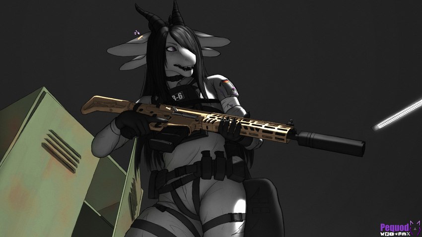 anthro black_hair clothing collar female fur grey_body gun hair holding_object holding_weapon horn long_hair military military_uniform purple_eyes ranged_weapon rifle solo tactical_gear uniform weapon pequod_vl mythology dragon furred_dragon furred_scalie mythological_creature mythological_scalie scalie 16:9 4k absurd_res hi_res widescreen