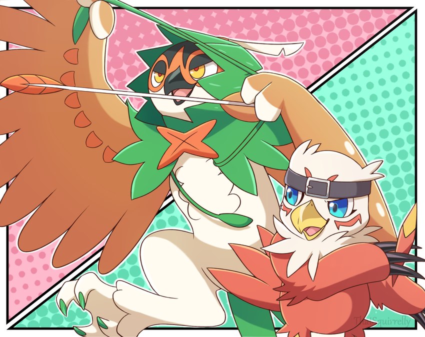 accessory anthro archer beak blue_eyes brown_body brown_feathers claws duo feathers feet headband hood male talons toes wings yellow_eyes thatsquirrelly bandai_namco digimon nintendo pokemon decidueye digimon_(species) generation_7_pokemon hawkmon pokemon_(species) crossover hi_res