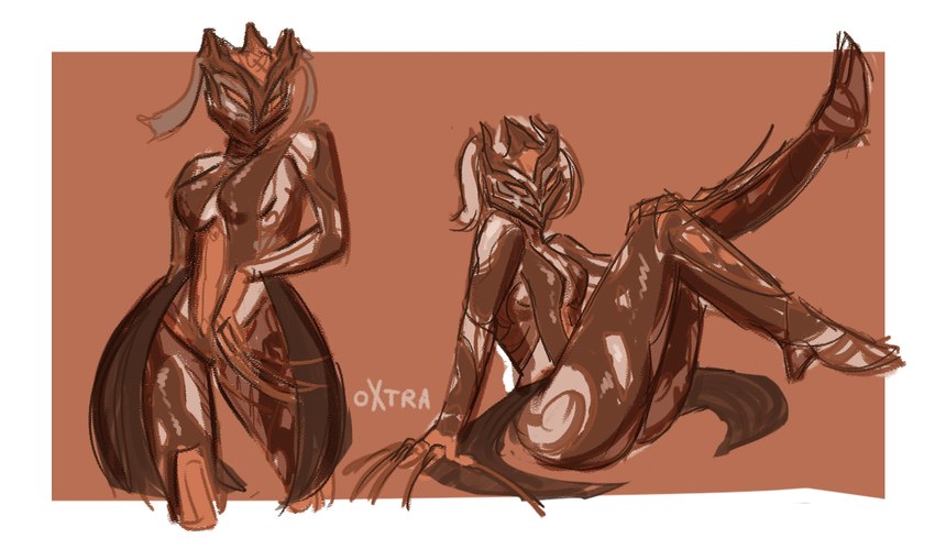 5_fingers anthro armor breasts claws cleavage clothed clothing dress faceless_character female fingers footwear headgear helmet high_heels legs_in_air long_claws machine mask multicolored_body not_furry shoes side_boob sitting solo thick_thighs wide_hips oxtra digital_extremes tencent warframe garuda_(warframe) alien android humanoid robot robot_humanoid tenno warframe_(species)