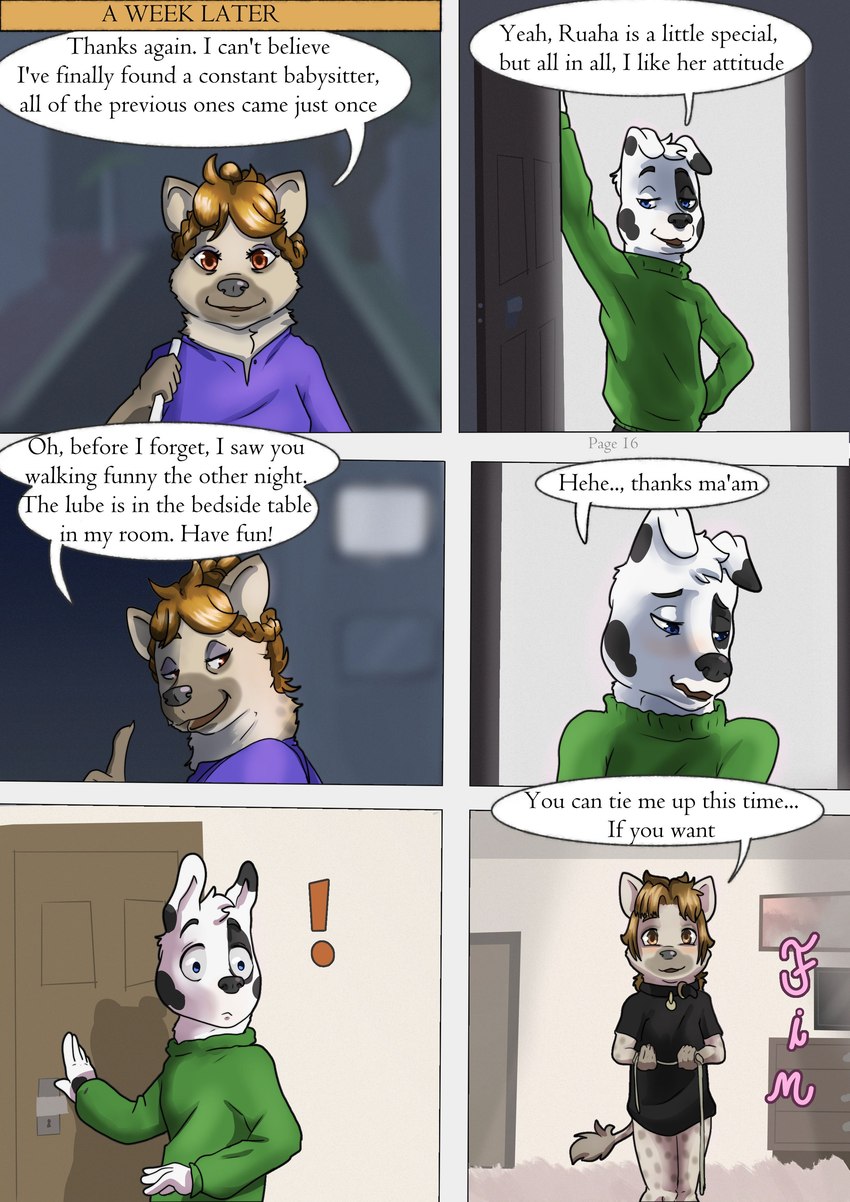 age_difference anthro blush clothing dialogue door exclamation_point female living_room loli male night night_time outside public rope size_difference text young young_anthro liryal ruaha_(lyrial) canid canine canis dalmatian domestic_dog hyena mammal absurd_res comic english_text hi_res mother_(lore) parent_(lore)