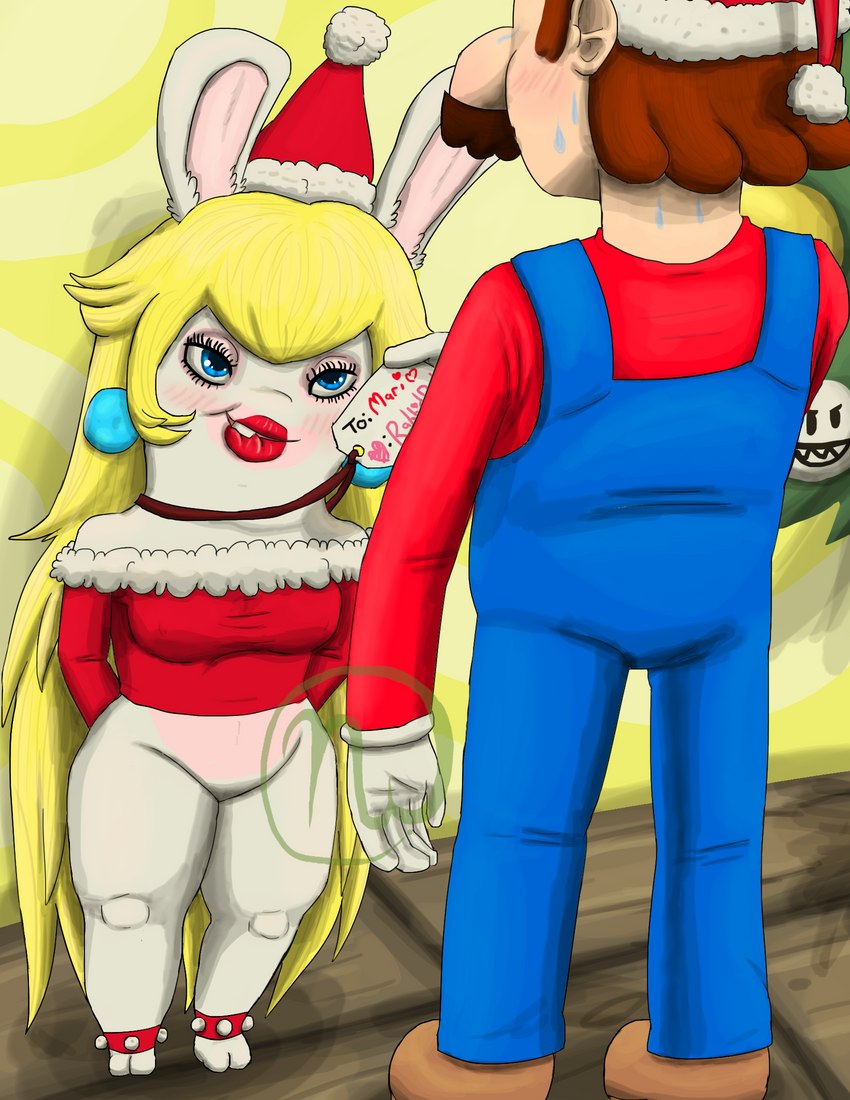 2_toes anklet anthro big_nose bite biting_lip blonde_hair blue_clothing blue_eyes blue_overalls blush bodily_fluids breasts brown_clothing brown_footwear brown_hair brown_shoes buckteeth christmas_clothing christmas_headwear christmas_tree clothed clothing duo ear_piercing eyelashes facial_hair featureless_crotch feet female floor footwear fur gift_tag gloves hair handwear hat headgear headwear heart_symbol holidays inside interspecies jewelry larger_male lips lipstick logo long_ears long_hair looking_at_another makeup male male/female mustache necklace noseless ornament overalls pantsless pantsless_anthro piercing plant red_anklet red_clothing red_hat red_headwear red_lips red_lipstick red_shirt red_topwear santa_hat shirt shoes short_stack size_difference smaller_female standing sweat sweatdrop tan_body tan_skin teeth text thick_thighs toes topwear tree wall_(structure) white_body white_fur wide_hips wood wood_floor skywater christmas mario_bros mario_plus_rabbids_kingdom_battle nintendo raving_rabbids rayman_(series) ubisoft mario rabbid_peach human lagomorph mammal rabbid 2018 artist_logo crossover digital_drawing_(artwork) digital_media_(artwork) hi_res