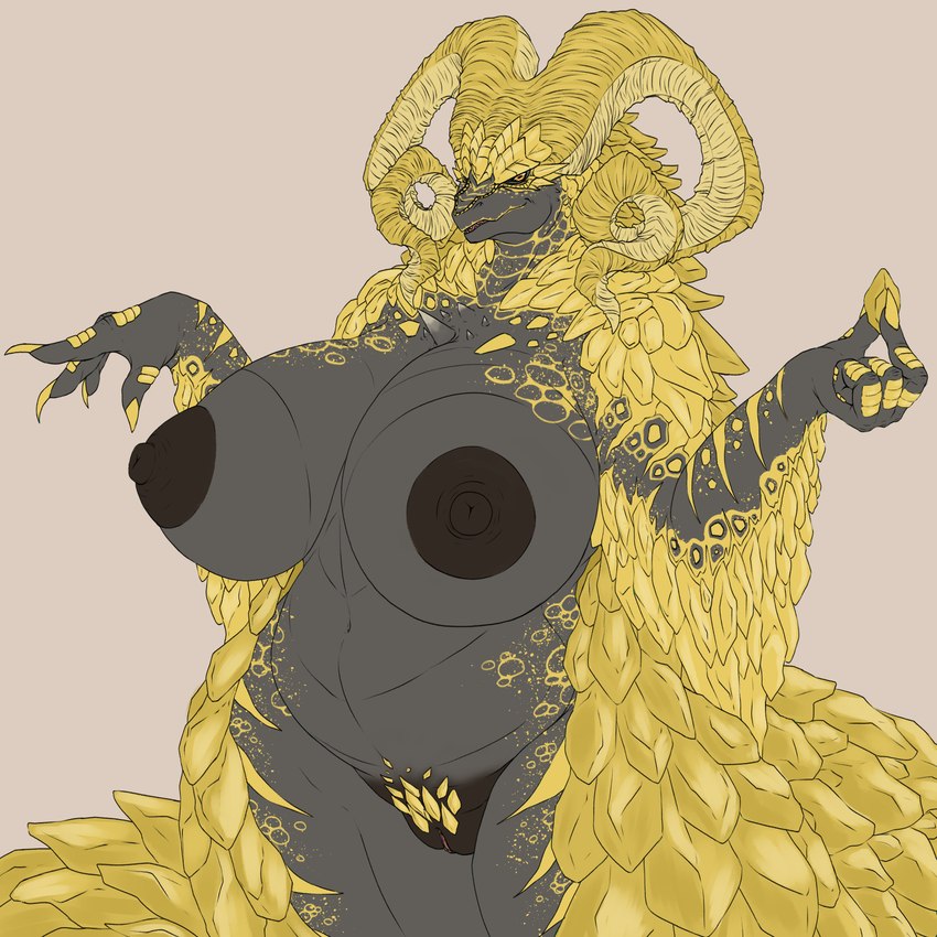 anthro areola big_breasts breasts claws curved_horn curvy_figure female genitals gold_scales grey_body grey_scales horn huge_breasts multicolored_body multicolored_scales nipples non-mammal_breasts nude pupils pussy scales simple_background solo tail thick_thighs two_tone_body two_tone_scales voluptuous wide_hips yellow_claws yellow_eyes yellow_horn tolerain capcom monster_hunter mythology dragon elder_dragon kulve_taroth mythological_creature mythological_scalie scalie 1:1 absurd_res hi_res