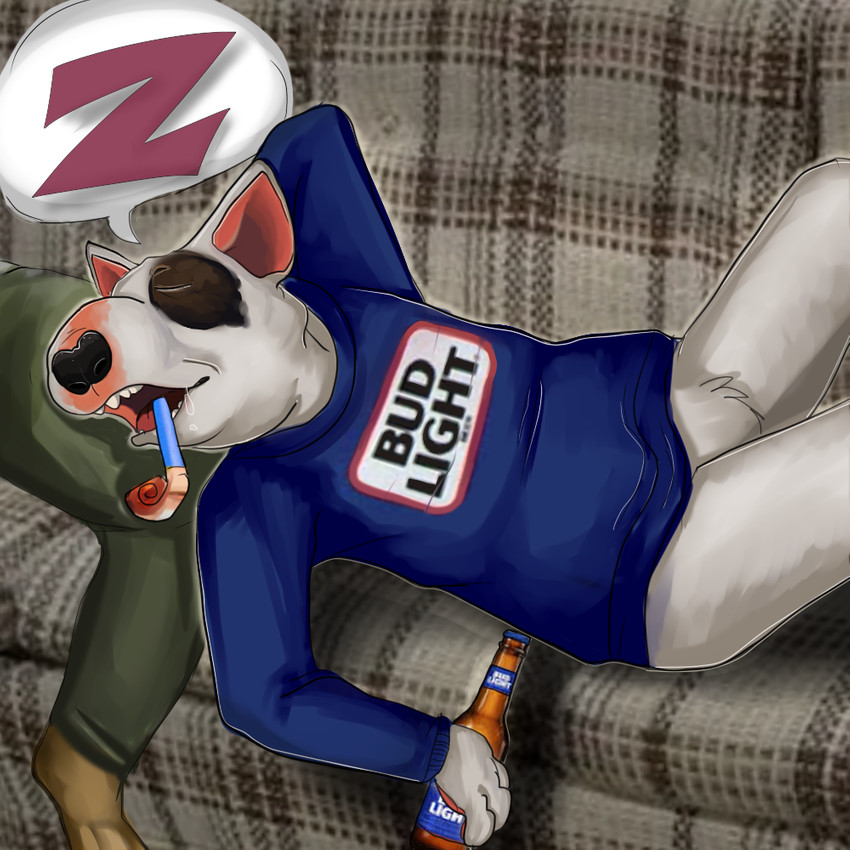 1980s_theme advertisement alcohol anthro beverage black_nose bodily_fluids bottomless bottomless_male brown_body brown_fur clothed clothing drinking drooling duo eyes_closed fur furniture male mascot multicolored_body multicolored_fur open_mouth party partying saliva sleeping sofa two_tone_body two_tone_fur unconscious white_body white_fur mort_(artist) bud_light spuds_mackenzie bull_terrier canid canine canis domestic_dog hunting_dog mammal terrier 1:1