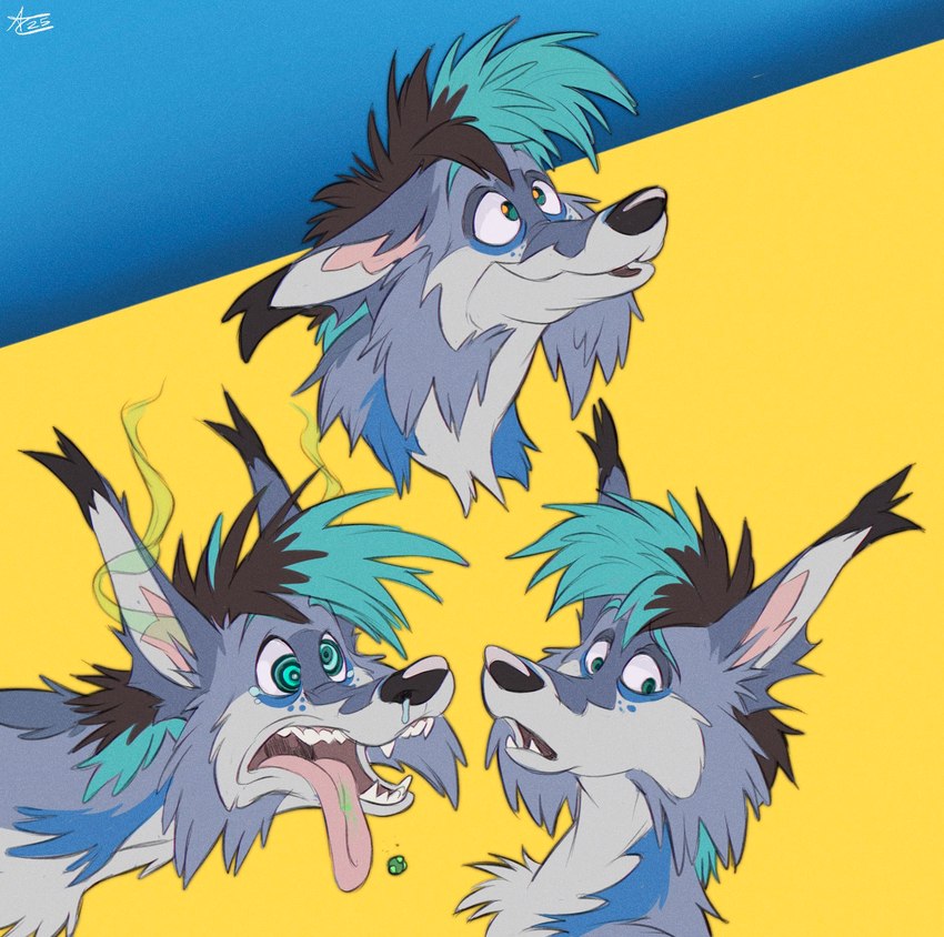ambiguous_gender anthro biped fur green_smoke grey_body grey_fur looking_away smoke solo spiral_eyes tongue tongue_out aricat98 felid feline lynx mammal expression_sheet hi_res