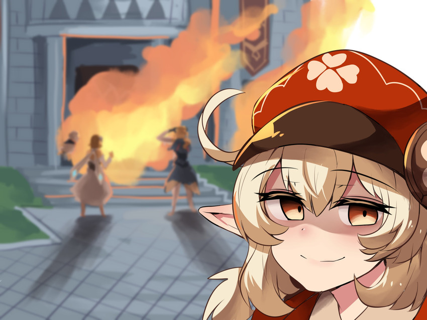 arson blonde_hair burning_building clothing fire group hair hat headgear headwear humanoid_pointy_ears looking_at_viewer not_furry pointy_ears red_eyes smile solo_focus princess_hinghoi disaster_girl genshin_impact mihoyo jean_gunnhildr klee_(genshin_impact) lumine_(genshin_impact) paimon_(genshin_impact) elf humanoid 4:3 hi_res meme