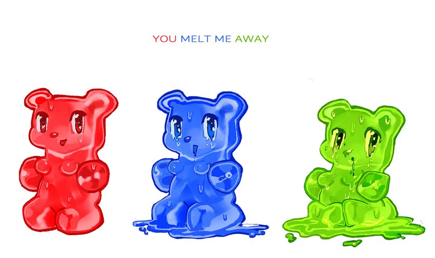 anthro blue_body bodily_fluids breasts candy dessert female food glistening glistening_body green_body group gummy_(food) gummy_bear_(food) kemono melting nude red_body simple_background sitting smile sweat text trio white_background alunka bear food_creature gummy_creature living_candy mammal english_text hi_res