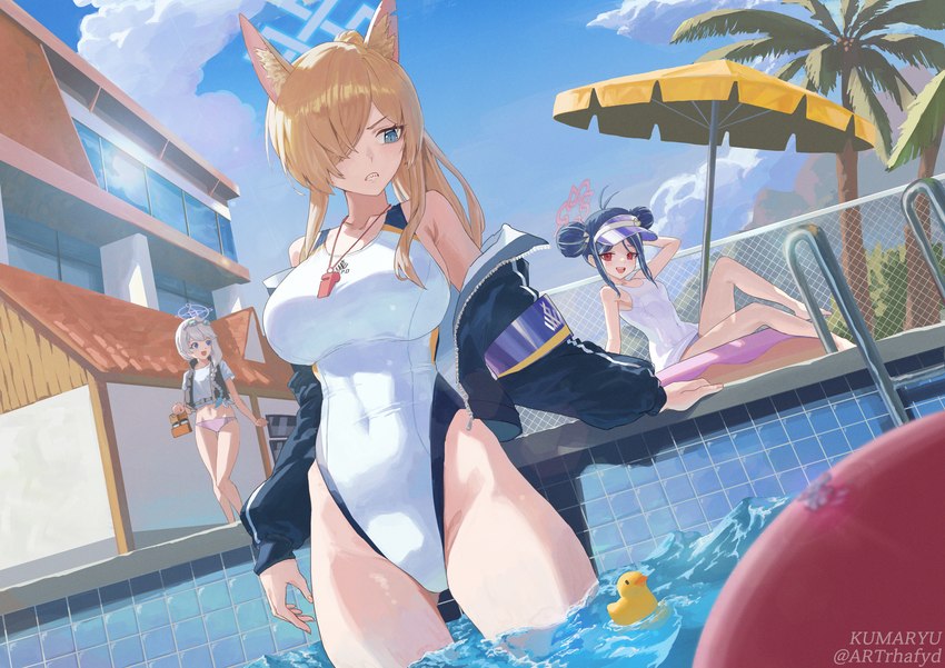 big_breasts blonde_hair blue_eyes breasts chain-link_fence clothing collarbone crop_top dutch_angle eyebrows eyelashes female fence group hair hair_over_eye halo inner_ear_fluff jacket modern_architecture navel_outline one-piece_swimsuit outside pool_ladder rubber_duck shirt swimming_pool swimwear topwear trio tuft vest water whistle_(object) artrhafyd blue_archive kanna_(blue_archive) kirino_nakatsukasa animal_humanoid canid canid_humanoid human humanoid mammal mammal_humanoid 2025 absurd_res hi_res huge_filesize