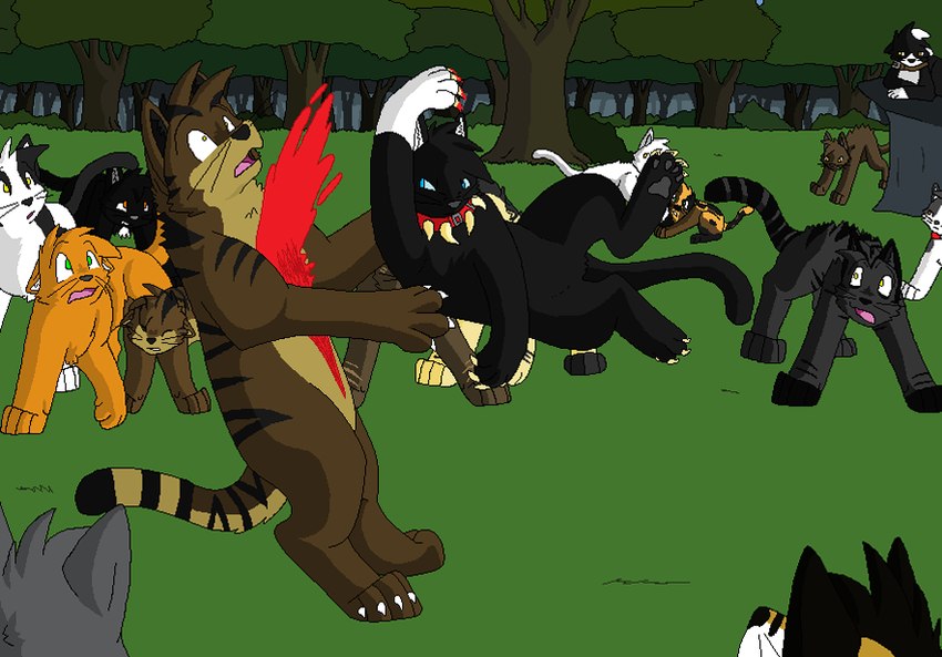 action_scene ambiguous_gender black_body black_fur black_inner_ear_fluff black_nose black_whiskers blood blood_on_claws blue_eyes bodily_fluids brown_body brown_fur claws collar day detailed_background digitigrade eyebrows feral fight forest fur grass green_eyes grey_body grey_fur grey_inner_ear_fluff grey_nose grey_pawpads group head_tuft imminent_death inner_ear_fluff killing large_group midair on_hind_legs open_mouth orange_body orange_eyes orange_fur outside pawpads paws pink_tongue plant red_collar shocked shrub snout spiked_collar spikes standing surprise tail tan_body tan_fur tongue tree tuft violence whiskers white_body white_claws white_fur white_inner_ear_fluff wince yellow_eyes sebdoggo warriors_(book_series) blackstar_(warriors) bone_(warriors) bramblestar_(warriors) darkstripe_(warriors) dustpelt_(warriors) firestar_(warriors) leopardstar_(warriors) longtail_(warriors) mistystar_(warriors) ravenpaw_(warriors) scourge_(warriors) tallstar_(warriors) tawnypelt_(warriors) tigerstar_(warriors) domestic_cat felid feline felis mammal tabby_cat tortoiseshell_cat tuxedo_cat 2009 aliasing cel_shading digital_drawing_(artwork) digital_media_(artwork) microsoft_paint_(artwork) redraw shaded female_(lore) male_(lore)