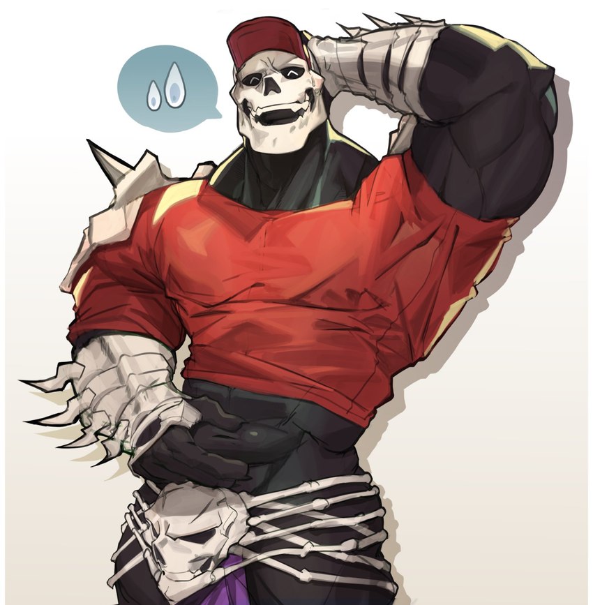 anthro black_body bone clothing embarrassed laugh male muscular red_clothing red_shirt red_topwear shirt simple_background skull skull_head solo topwear white_background tokuni skullmageddon skullmageddon_(rcg) hi_res