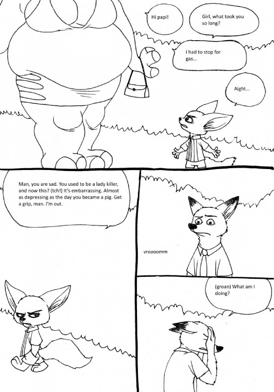 anthro clothed clothing female frame_bag fur group male purse simple_background speech_bubble text white_background bernielover disney zootopia finnick_(zootopia) nick_wilde canid canine common_hippopotamus fennec_fox fox hippopotamid mammal red_fox true_fox comic english_text hi_res monochrome