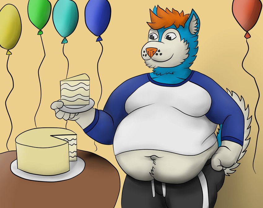 anthro belly belly_overhang birthday birthday_cake birthday_party cake dessert food male navel obese obese_anthro obese_male overweight overweight_anthro overweight_male solo nekotthebrave rufus canid canine canis domestic_dog husky mammal nordic_sled_dog spitz hi_res