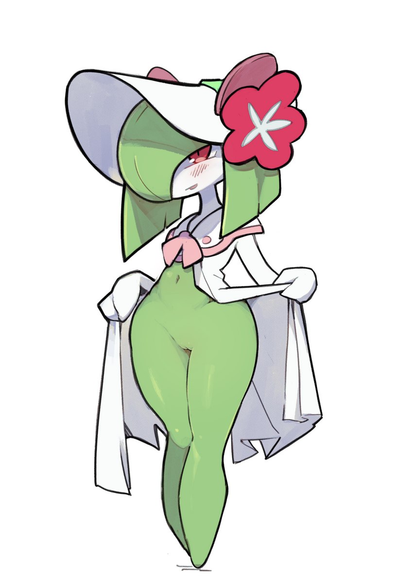 biped blush bottom_heavy bottomless bottomless_female bow_tie clothed clothing clothing_lift dress dress_lift female fingers flashing flashing_pussy flower front_view genitals green_body green_hair green_skin hair hat headgear headwear holowear_(pokemon) innie_pussy navel nipples not_furry open_mouth open_smile plant pussy red_eyes simple_background smile solo standing thick_thighs white_background white_body white_skin wide_hips dodudoru nintendo pokemon pokemon_unite fashionable_style_gardevoir generation_3_pokemon humanoid kirlia pokemon_(species) 2021 digital_media_(artwork) full-length_portrait hi_res portrait shaded