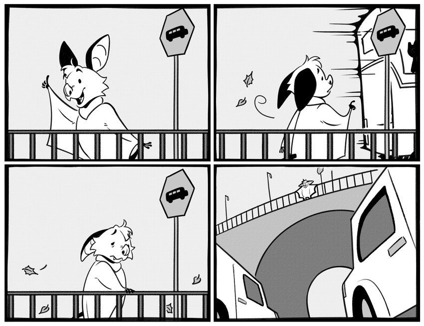 anthro attempted_suicide border bridge bus_stop bus_stop_sign car comic_panel defeated humor imminent_death implied_suicide joke leaf leaves_on_ground male sad smile text vehicle white_border kristalkarma danglebat dan_(danglebat) bat mammal absurd_res comic english_text hi_res monochrome