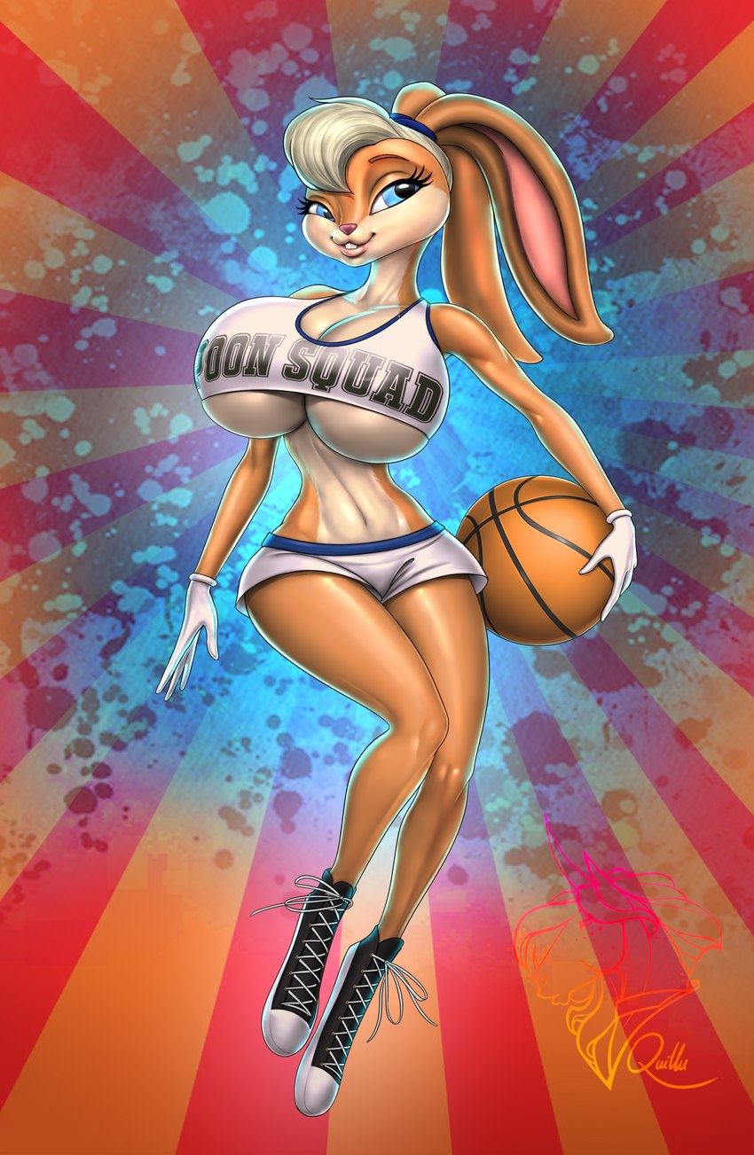 anthro ball basketball_(ball) big_breasts blonde_hair bottomwear breasts clothing female footwear gloves hair handwear hotpants shoes shorts sneakers solo tune_squad_outfit tune_squad_outfit_(1996) under_boob quillu looney_tunes space_jam warner_brothers lola_bunny lagomorph leporid mammal rabbit hi_res