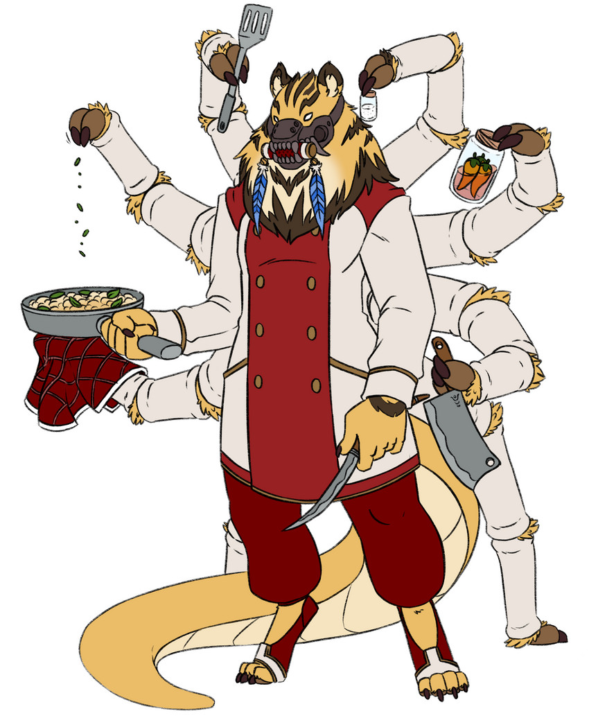 chef cleaver_(knife) clothing container cooking cookware cutlery food frying_pan jar kitchen_knife kitchen_utensils knife male mask multi_arm multi_limb salt solo spatula spices standing tools min_(artist) pathfinder arachnid arthropod gnoll hybrid hyena mammal spider absurd_res hi_res