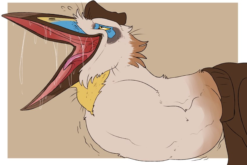 ambiguous_gender anthro beak blue_beak bodily_fluids brown_beak brown_clothing brown_topwear cheek_tuft clothing drooling excessive_saliva facial_tuft glistening glistening_eyes glistening_tongue male male_anthro narrowed_eyes open_mouth red_tongue saliva saliva_string side_view simple_background solo tan_background tan_body tongue topwear tuft vore yellow_beak yellow_eyes yellow_sclera imperatorcaesar coal_(imperatorcaesar) azhdarchid prehistoric_species pterosaur quetzalcoatlus reptile scalie male_(lore)