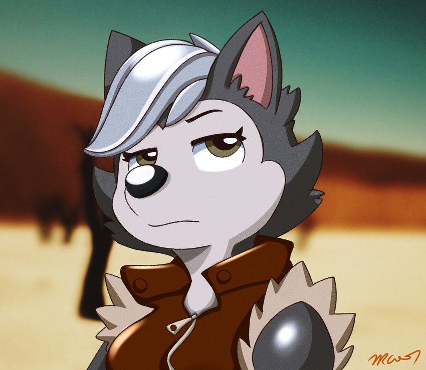 anthro anthrofied blurred_background clothing female fur lidded_eyes solo topwear zipper zipper_topwear trc001 nickelodeon paw_patrol gasket_(paw_patrol) canid canine canis domestic_dog husky mammal nordic_sled_dog spitz 2021 hi_res signature