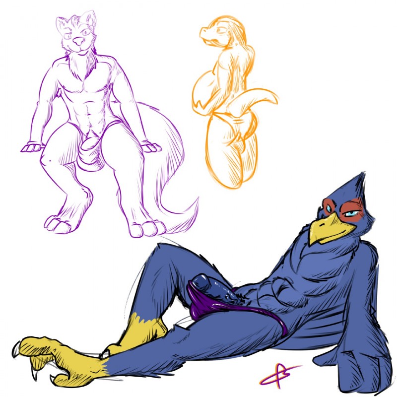 anthro balls beak bulge erection flaccid genitals humanoid_genitalia humanoid_penis male penis simple_background solo white_background kotetsu_rexen nintendo star_fox falco_lombardi avian bird canid canine canis mammal mustelid otter scalie wolf 1:1 hi_res multiple_images signature