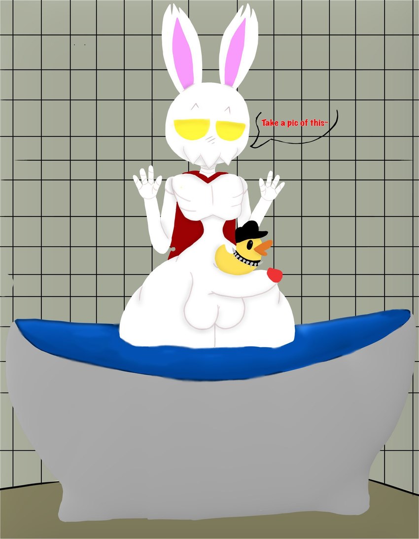 anthro balancing balls bathroom bathtub bone cape clothing curvy_figure genitals male object_on_penis penis red_clothing rubber_duck skeleton solo text water wide_hips yellow_eyes matborowski hell_yeah!_wrath_of_the_dead_rabbit sega prince_ash lagomorph leporid mammal rabbit english_text hi_res