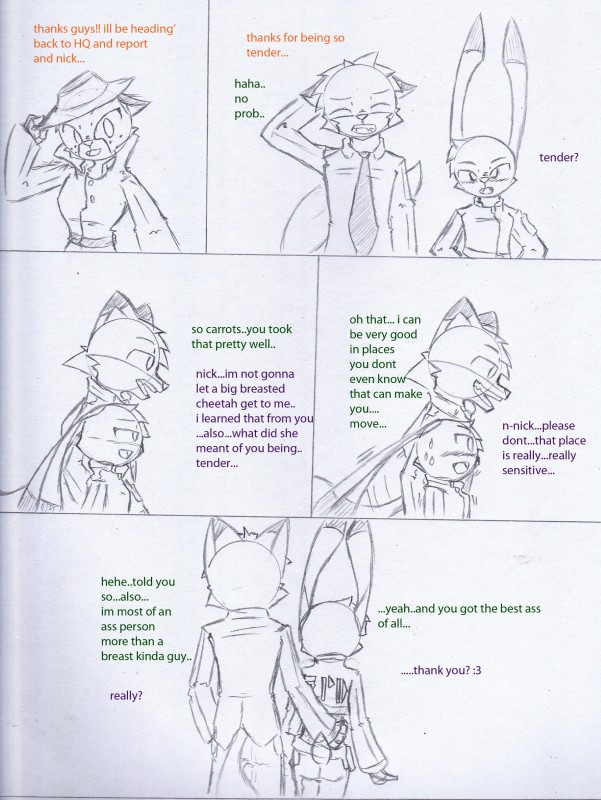 anthro blush bodily_fluids call clothing female hat headgear headwear male necktie simple_background sweat sweatdrop text pace-maker disney zootopia judy_hopps nick_wilde canid canine cheetah felid feline fox lagomorph leporid mammal rabbit red_fox true_fox absurd_res comic english_text hi_res monochrome