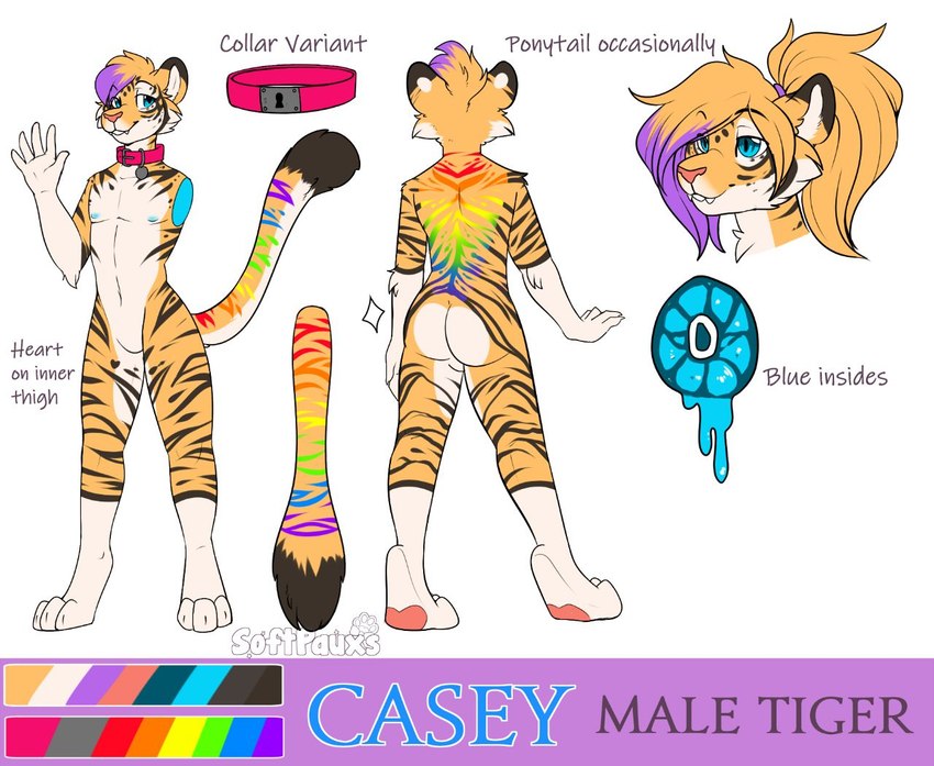 anthro collar femboy fur hair highlights_(coloring) male multicolored_tail ponytail purple_hair rainbow_stripes rainbow_tail short_hair simple_background smile snaggle_tooth softpauxs solo sparklefur standing striped_body stripes tail text casey_winters felid mammal pantherine tiger colorful_theme english_text model_sheet