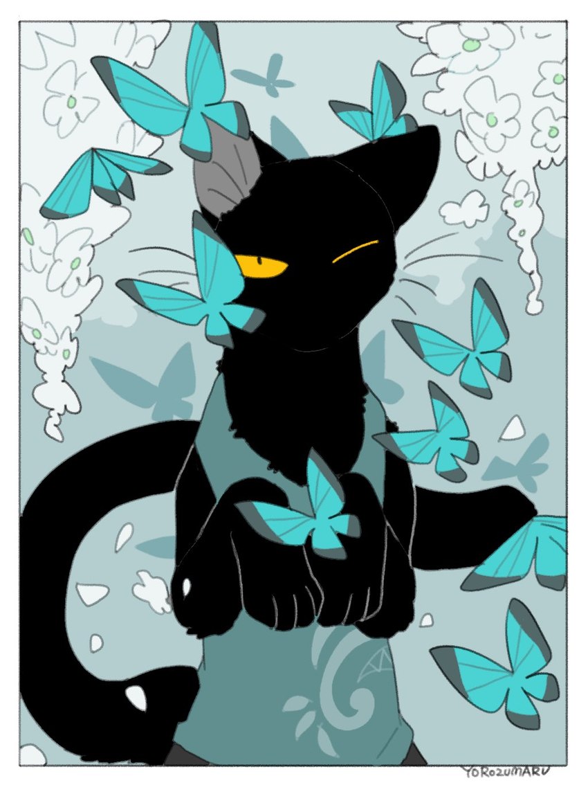 ambiguous_gender black_body clothed clothing feral flower group one_eye_closed plant tail whiskers yellow_eyes yorozumaru urushi_(yorozumaru) arthropod butterfly domestic_cat felid feline felis insect lepidopteran mammal 2022 hi_res