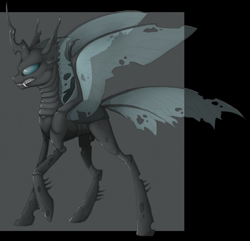 ambiguous_gender black_body blue_eyes claws fangs feral grey_background grey_body holes_in_body horn insect_wings open_mouth sharp_teeth simple_background solo spikes standing teeth wings wingedwolf94 friendship_is_magic hasbro my_little_pony arthropod changeling 2014 alpha_channel colored digital_media_(artwork) shaded