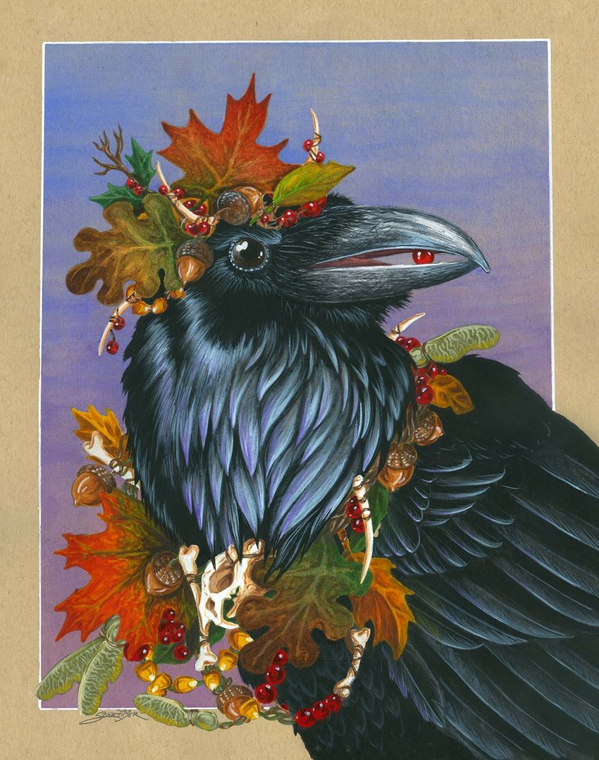 acorn ambiguous_gender autumn berry black_body black_feathers bone brown_eyes feathered_wings feathers feral food fruit headdress holly_(plant) jewelry leaf maple_leaf necklace nut_(fruit) object_in_mouth plant skull solo wings sandy_schreiber avian bird corvid corvus_(genus) oscine passerine raven 2023 hi_res