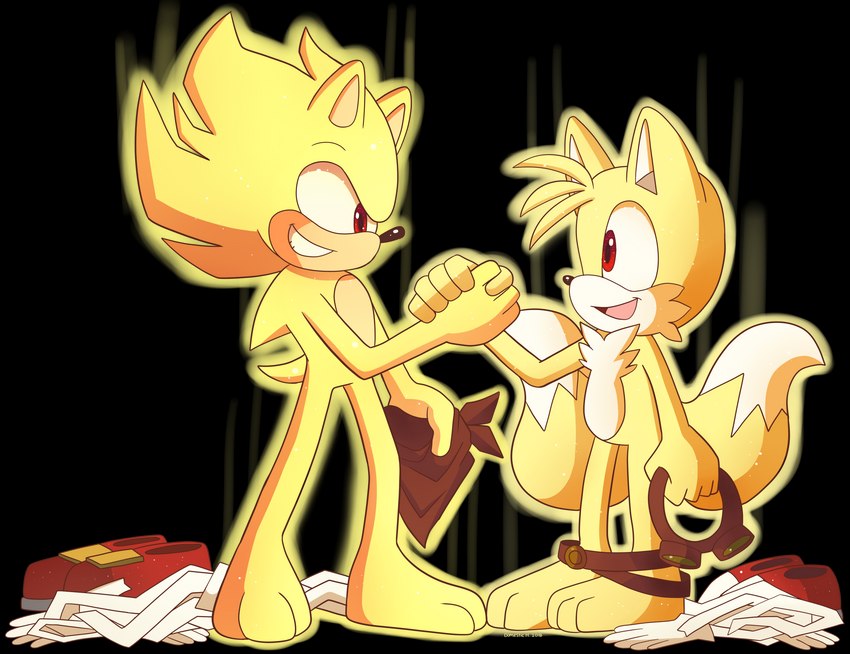 clothes_on_floor duo hand_holding male smile super_form domestic_maid sega sonic_boom sonic_the_hedgehog_(series) miles_prower sonic_the_hedgehog super_sonic super_tails canid canine eulipotyphlan fox hedgehog mammal alpha_channel hi_res