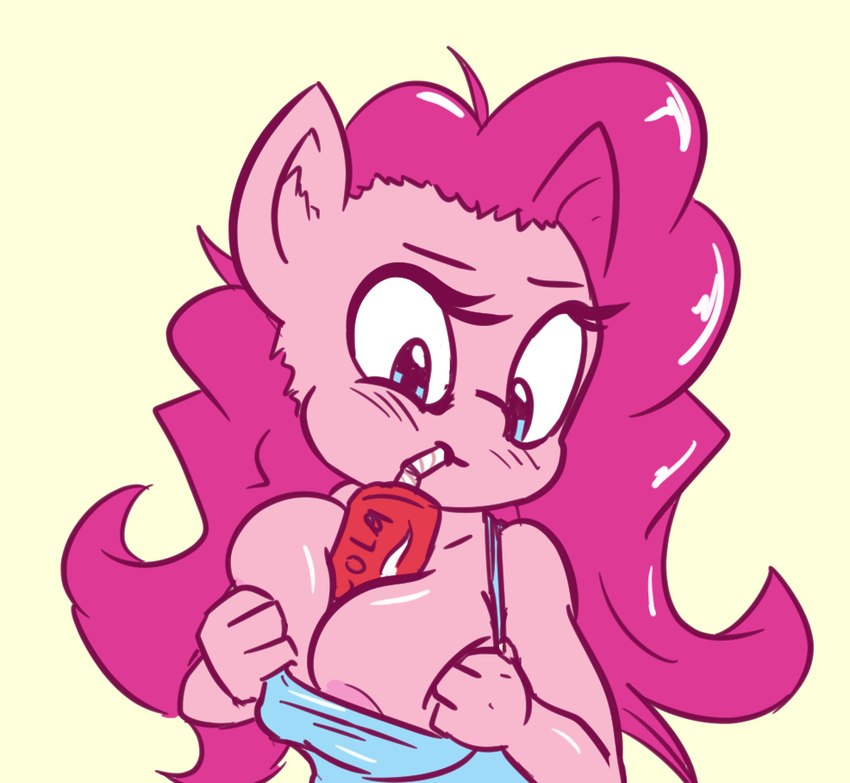 anthro anthrofied areola between_breasts beverage_between_breasts big_breasts breasts drinking female object_between_breasts simple_background solo yellow_background snus-kun friendship_is_magic hasbro my_little_pony pinkie_pie_(mlp) equid equine mammal